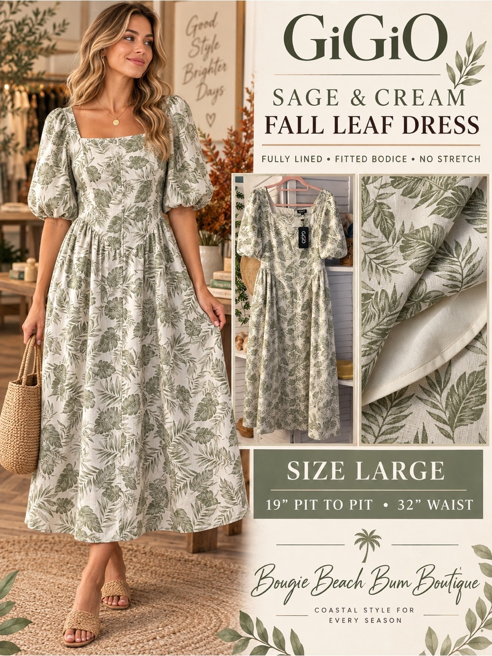GiGiO Sage & Cream Fall Leaf Midi Dress - Women's Square Neck